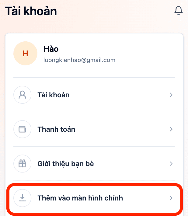 Màn hình hướng dẫn thêm website vào màn hình chính