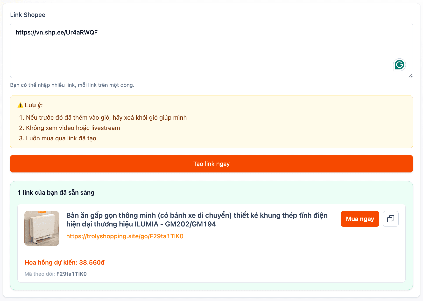 Màn hình tạo link Shopee sau khi dán liên kết sản phẩm