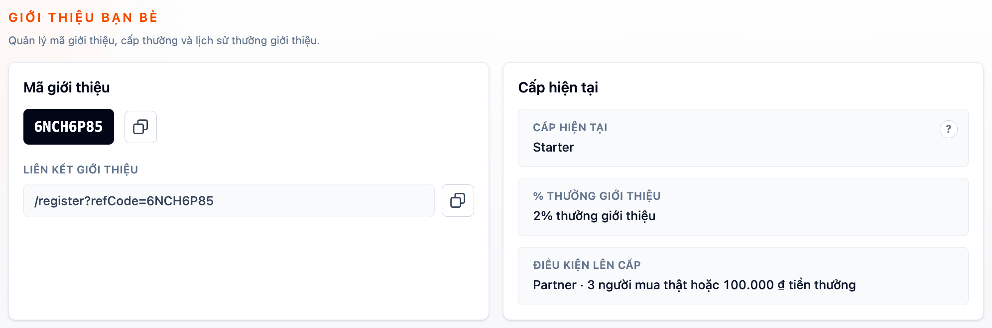 Màn hình giới thiệu bạn bè với mã giới thiệu và liên kết giới thiệu